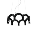 A black tiered-arch Clérachic chandelier with a glossy finish, hung on three cables and a curved cord, on white.