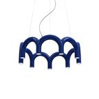 A blue tiered-arch Clérachic chandelier with a glossy finish and downward-facing lights, on a white backdrop.