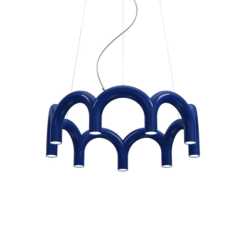 A blue tiered-arch Clérachic chandelier with a glossy finish and downward-facing lights, on a white backdrop.
