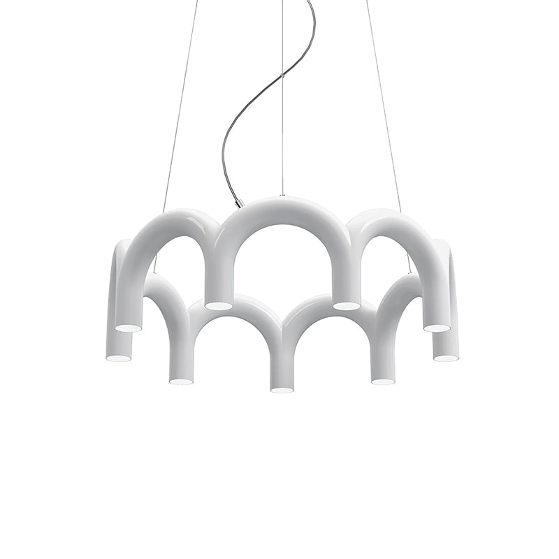 A white tiered-arch Clérachic chandelier, with its lights facing down and a curved cord at the top, on white.