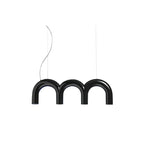 A short black Clérachic chandelier made of three glossy arches, hung on a curved cord and a thin cable, on white.
