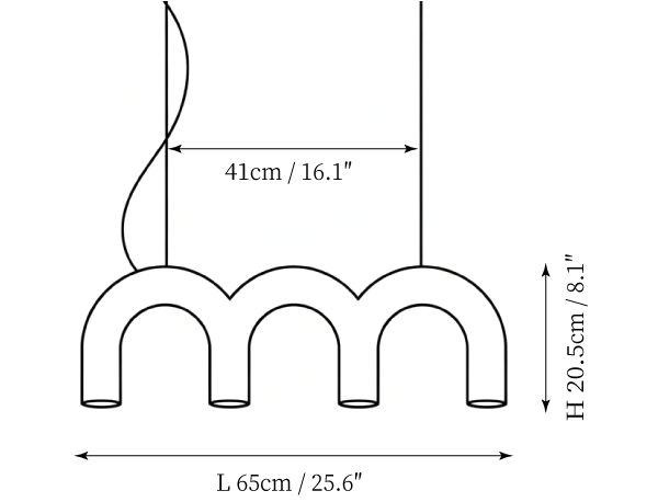 Clérachic chandelier dimension drawing, 1 of 3, every measurement marked in centimetres and inches.