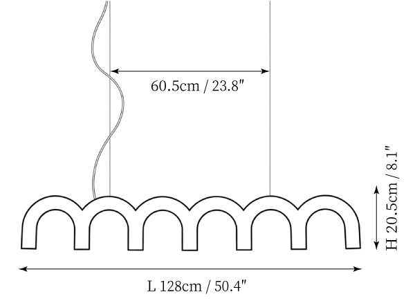 Clérachic chandelier dimension drawing, 2 of 3, every measurement marked in centimetres and inches.
