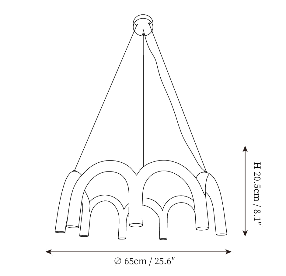Clérachic chandelier dimension drawing, 3 of 3, every measurement marked in centimetres and inches.