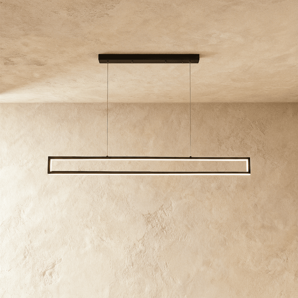 Clérachic black rectangular-frame pendant light, its slim LED edges glowing warm white beneath a plastered ceiling.