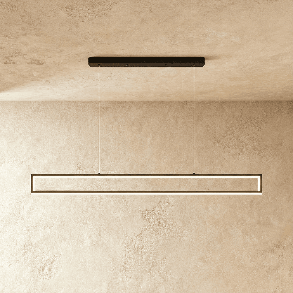 Straight-on view of the Clérachic black frame pendant, twin LED strips glowing warm white on thin support cables.