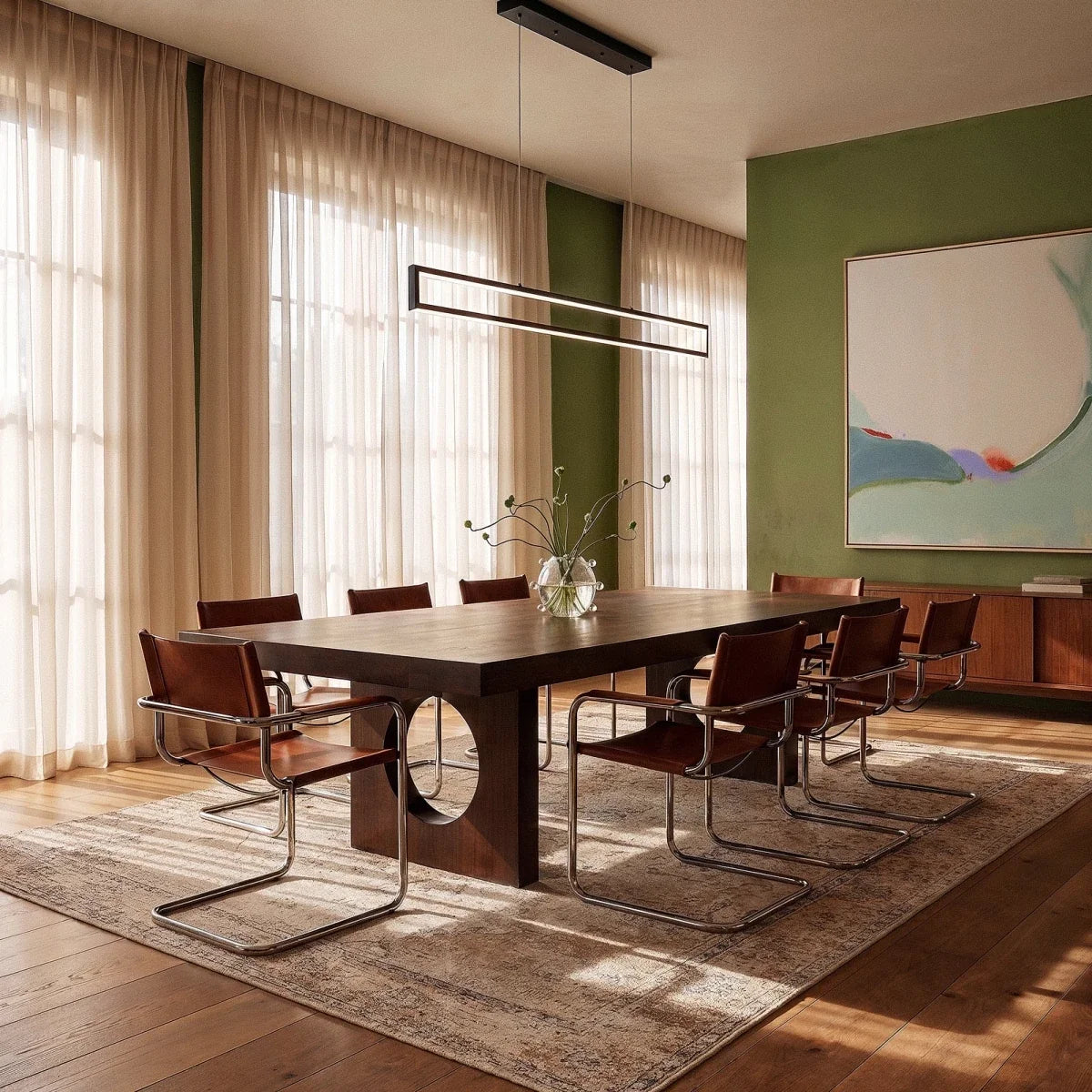 The Clérachic black frame pendant glowing warm white above a dark wood dining table against a green accent wall.