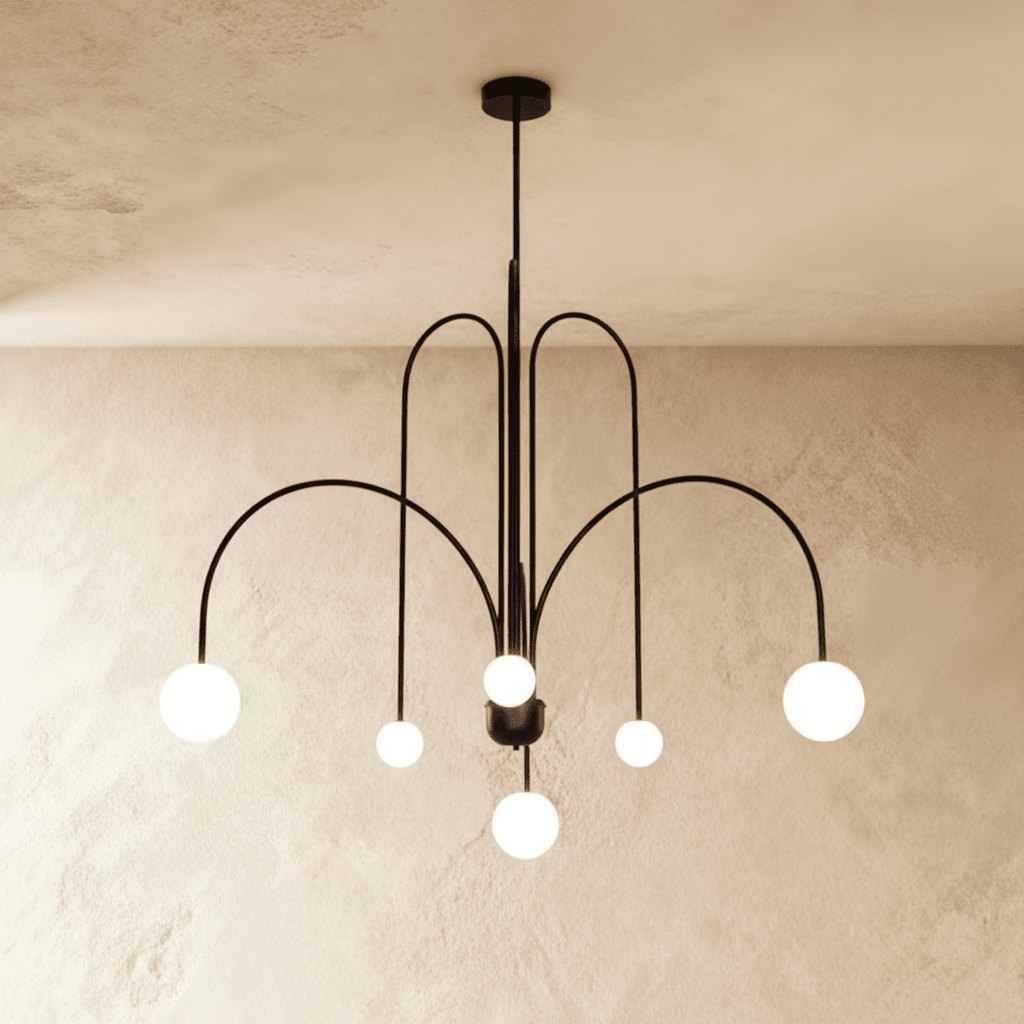 Clérachic's black Art Deco chandelier fans six curved arms tipped with white glass globes from the ceiling.