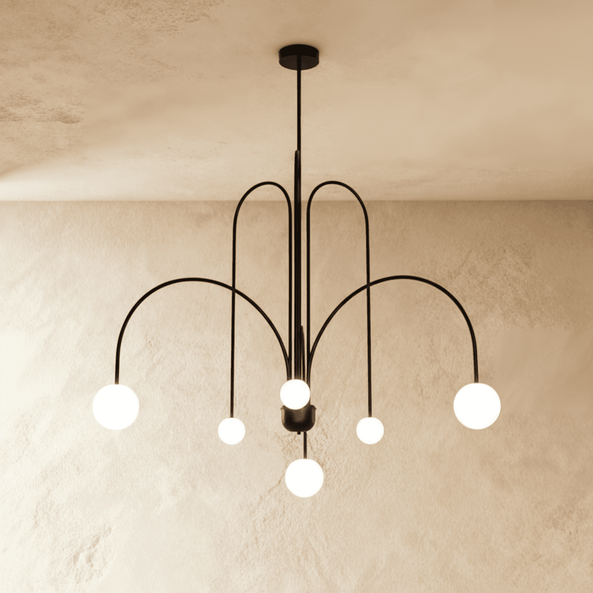 Clérachic's black Art Deco chandelier fans six curved arms tipped with white glass globes from the ceiling.