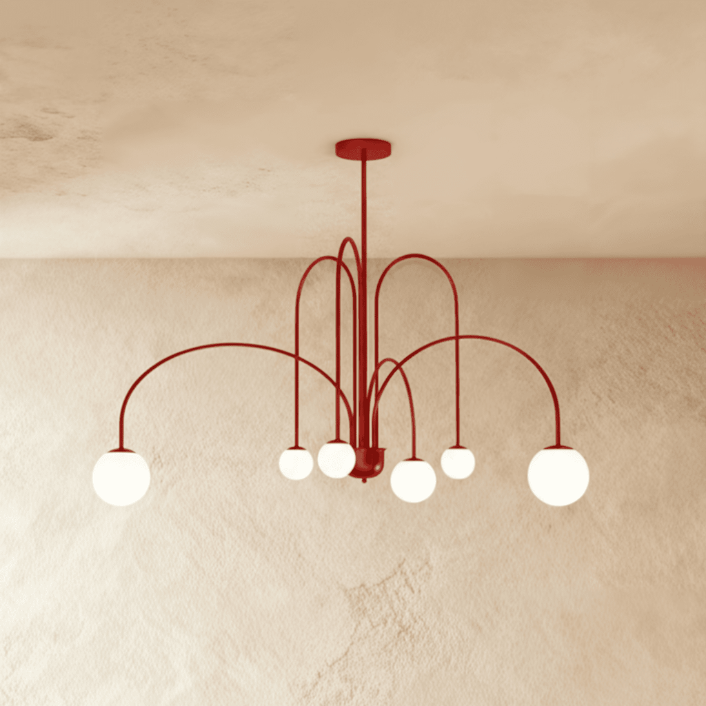 Clérachic's red Art Deco chandelier curves six arms outward, each ending in a glowing white glass globe.