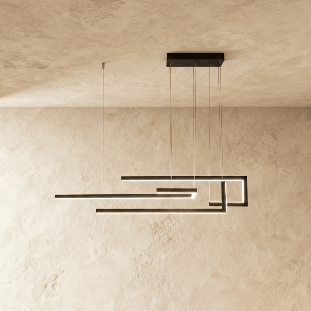 Clérachic's chandelier in black, its interlocking linear bars forming a geometric maze suspended overhead.