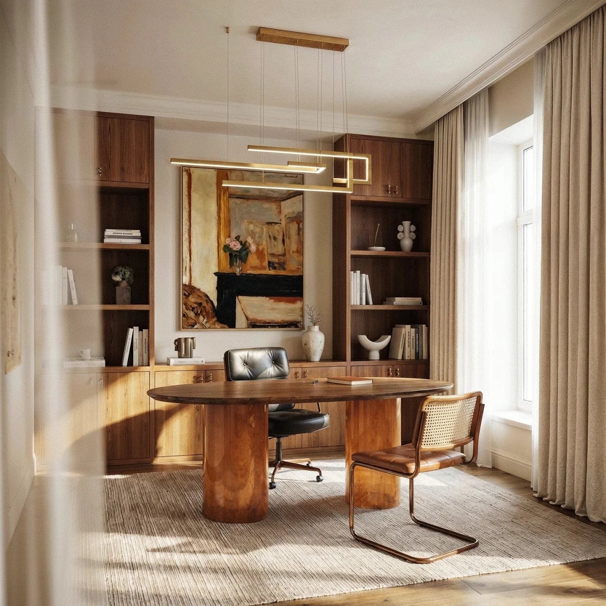 Clérachic's chandelier in gold, its geometric bars glowing warm above an oval desk in a book-lined office.