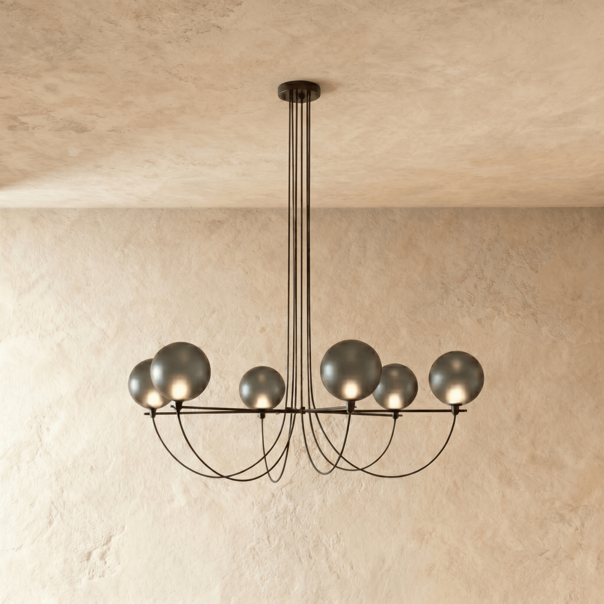 Clérachic six-globe chandelier with smoky grey glass shades on a black iron armature, lit, hung from slim black cords.