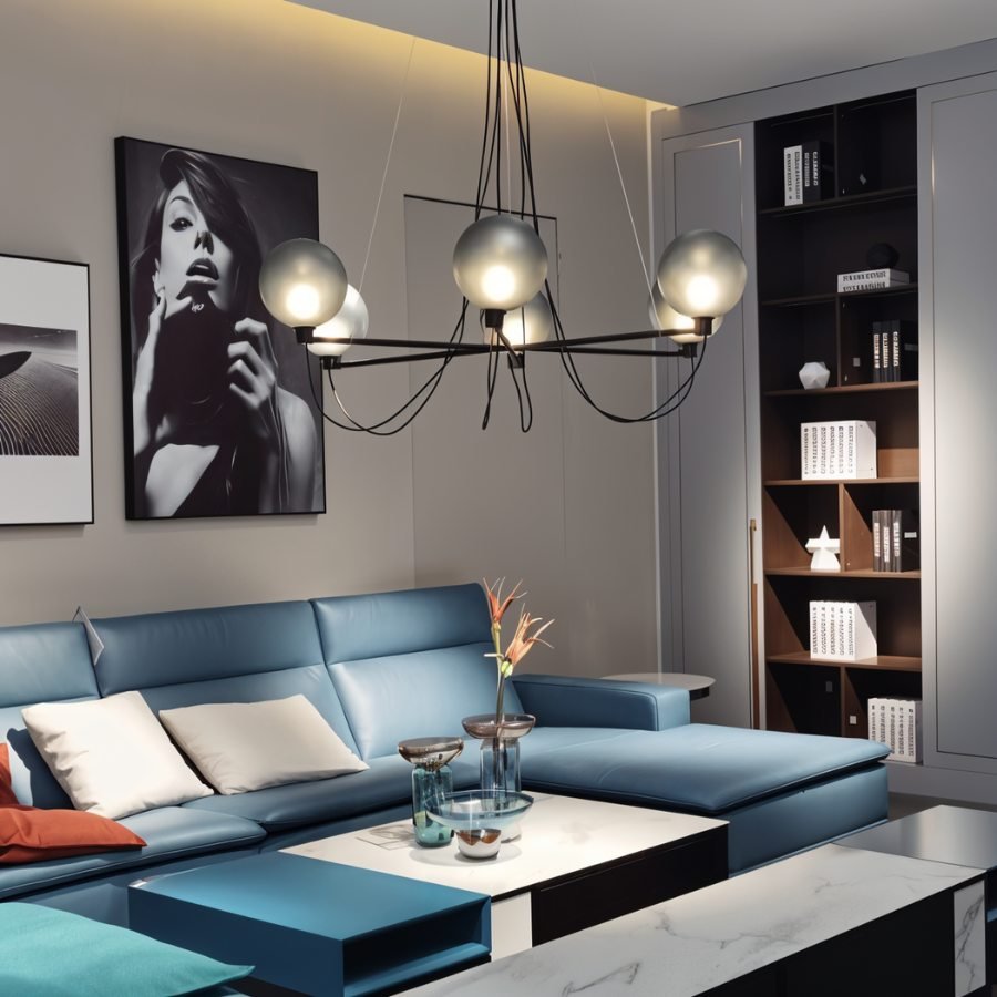 Clérachic black chandelier with smoky glass globes above a blue leather sectional, beside a shelving unit and a framed portrait.