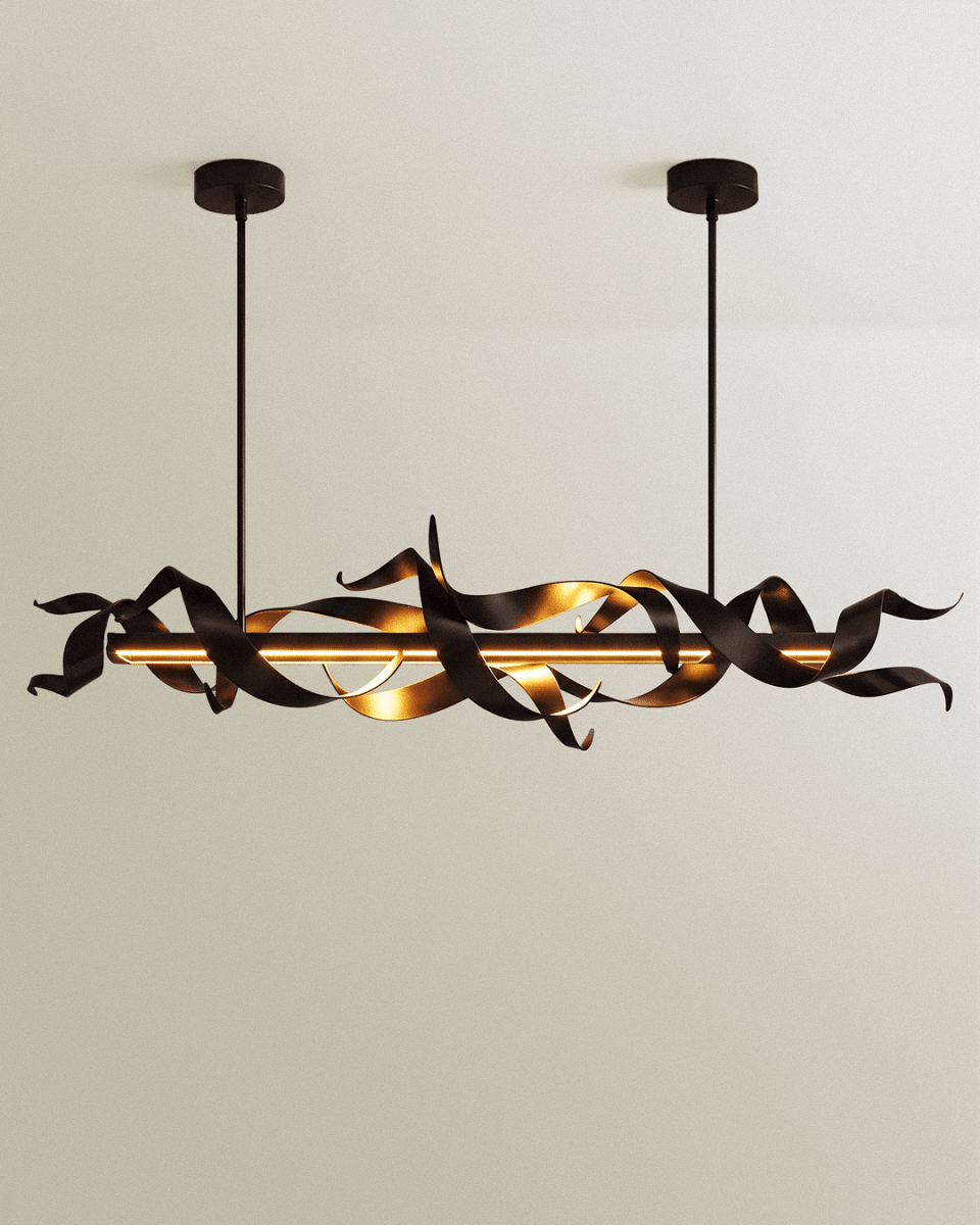 Clérachic long black ribbon chandelier on two rods, tangled steel ribbons around a lit horizontal LED bar on a pale wall.