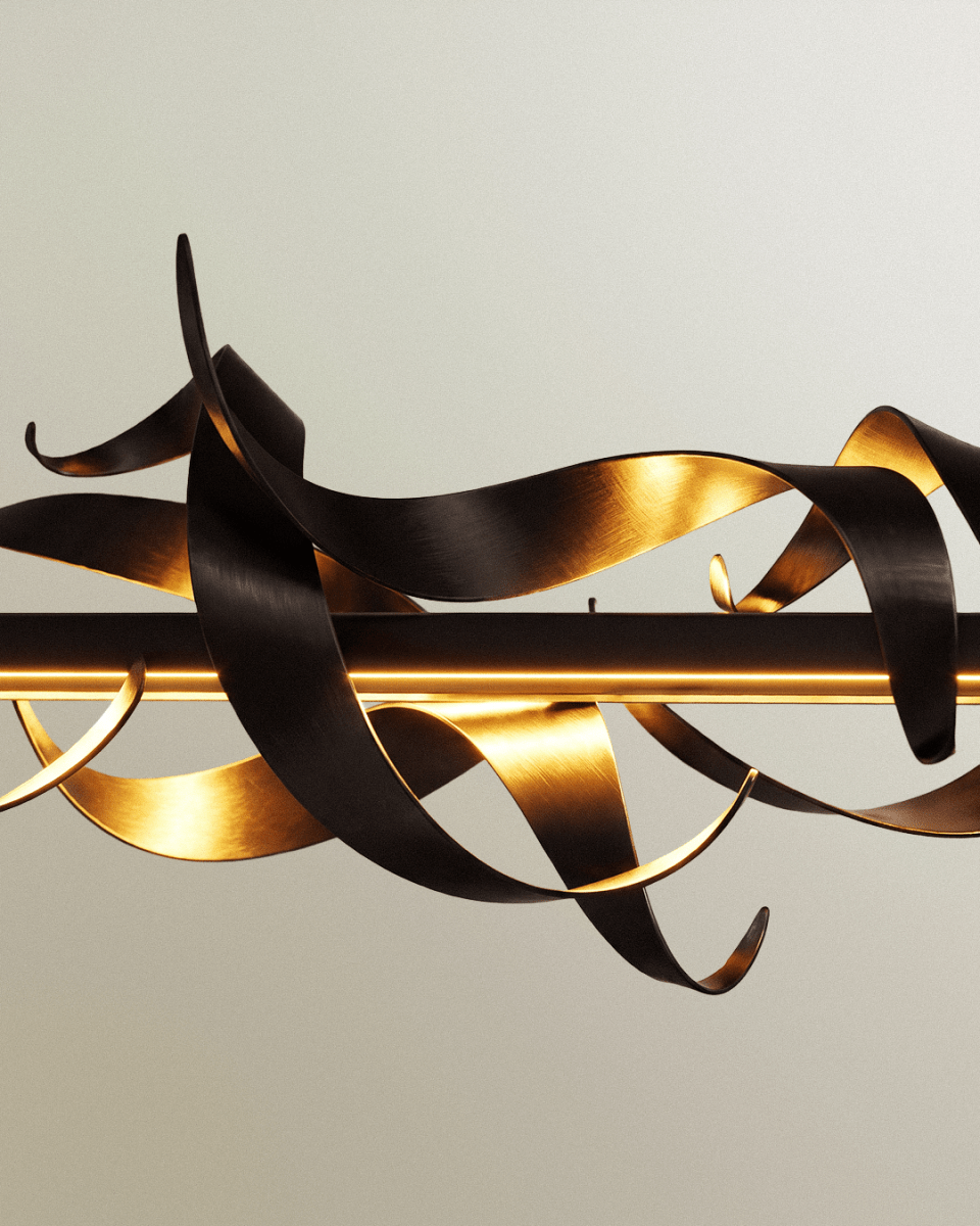 Clérachic detail of brushed black steel ribbons with gold-toned insides, wrapped around a glowing horizontal LED bar.