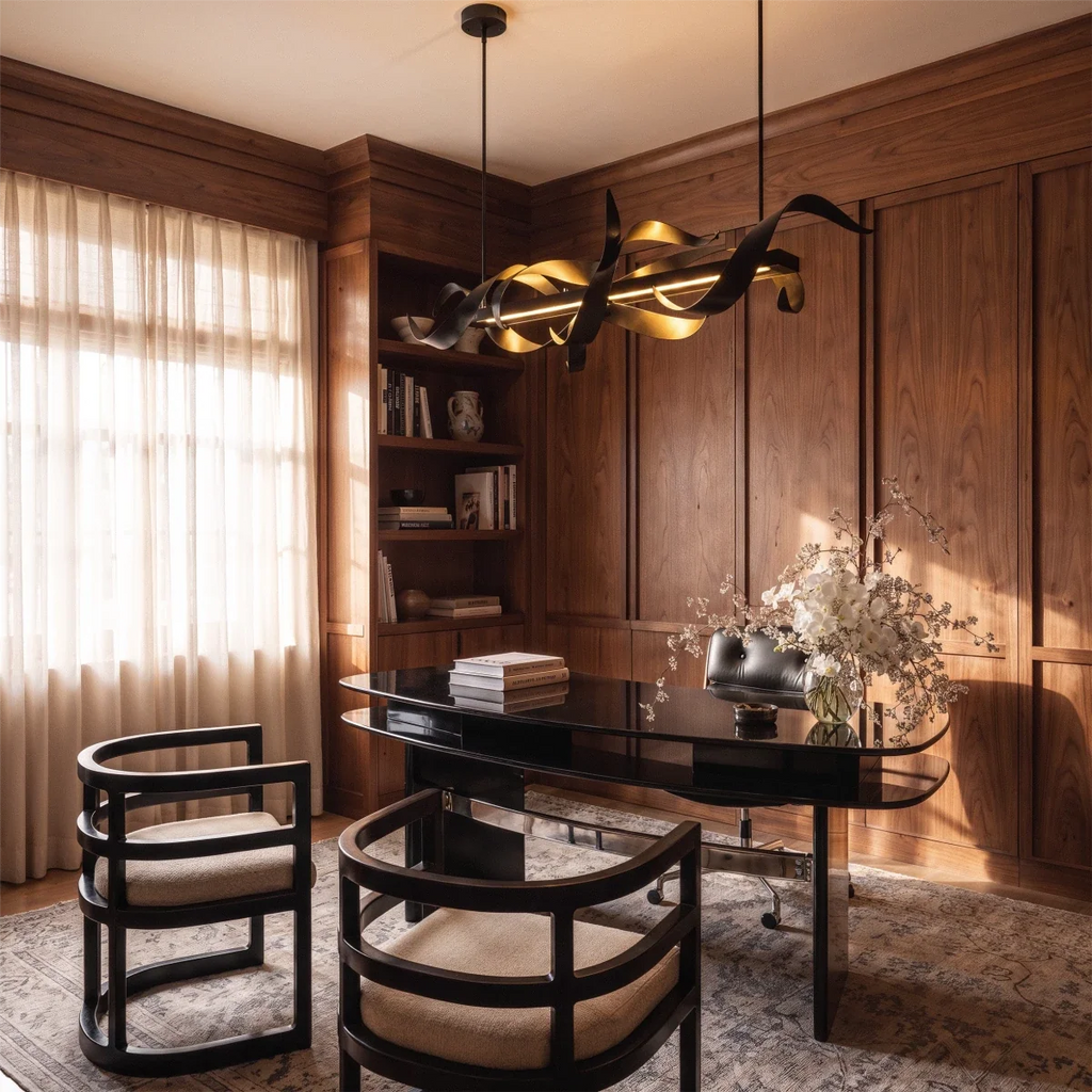 Clérachic black ribbon chandelier glowing above a dark desk and two black chairs in a walnut-panelled study.