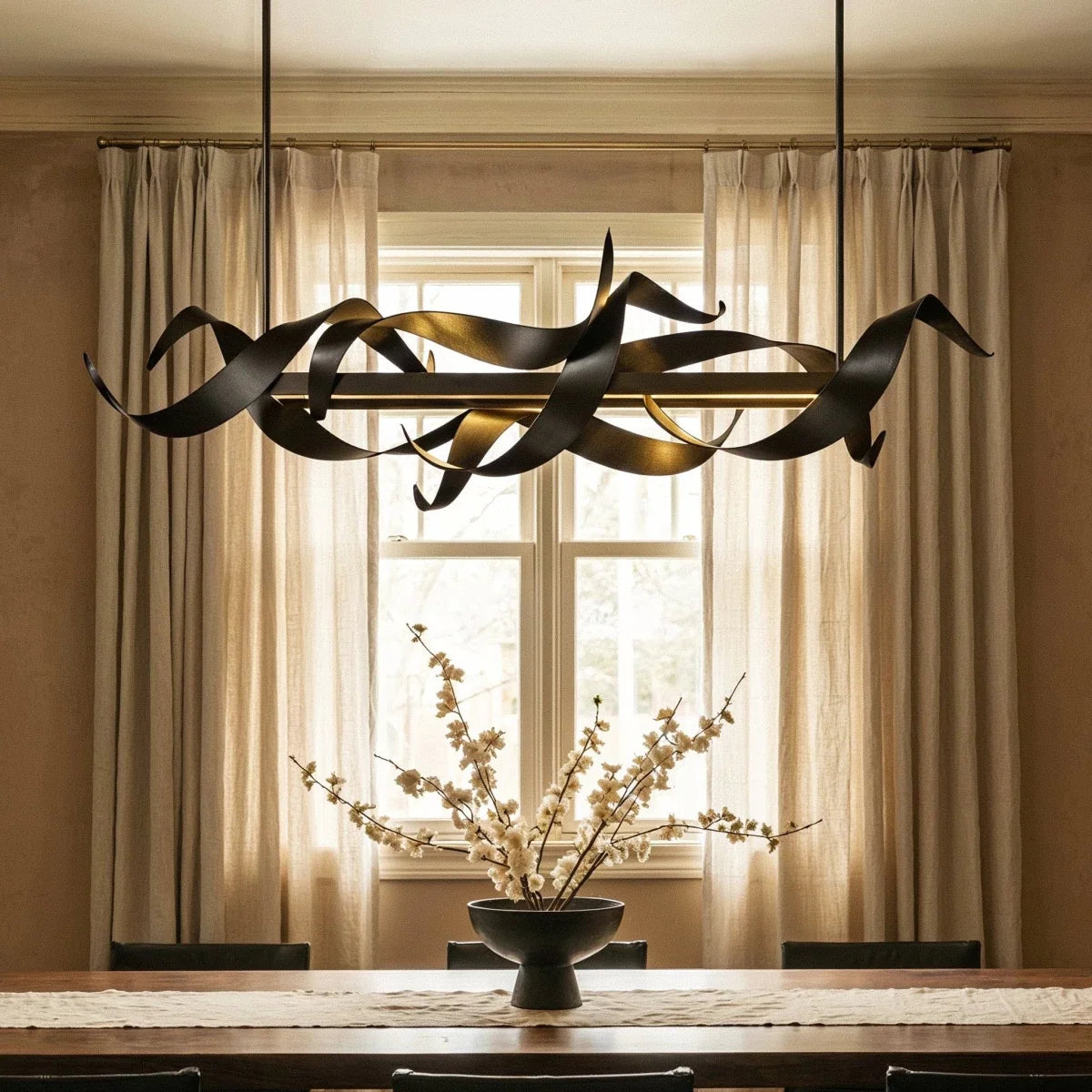 Clérachic black ribbon chandelier hanging in front of a sash window with linen curtains above a dining table and blossom bowl.