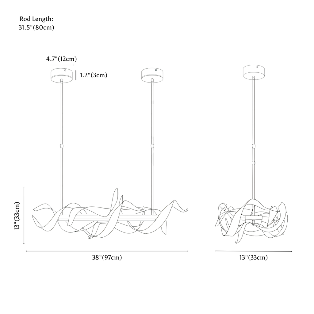 Clérachic chandelier dimension drawing, small, 97 × 33 × 33 cm, every measurement marked in centimetres and inches.