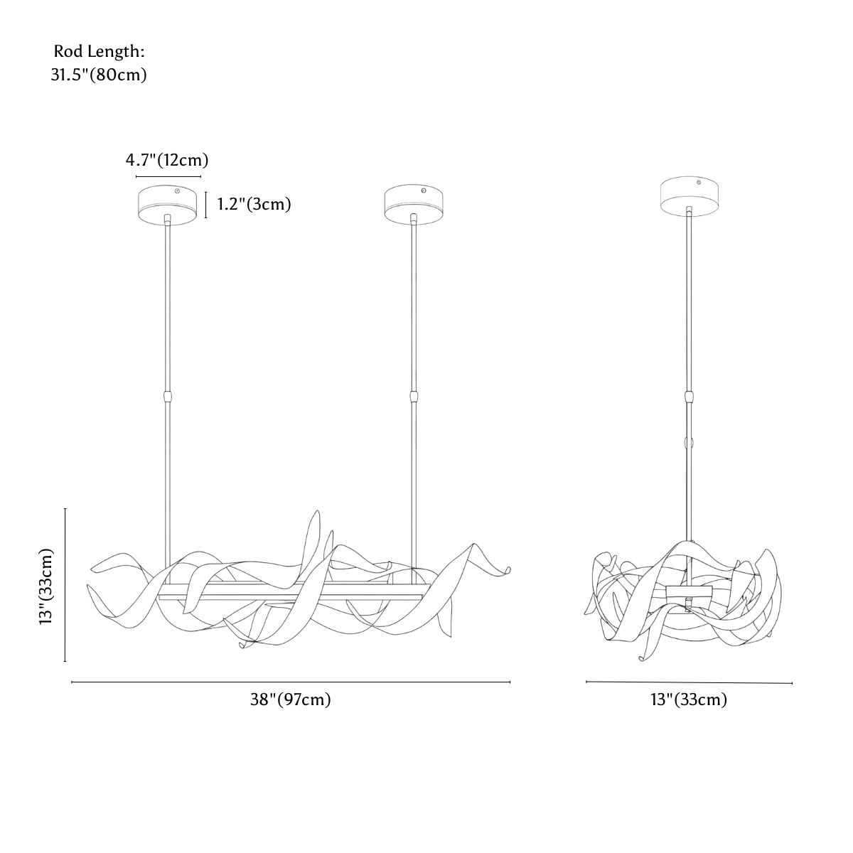 Clérachic chandelier dimension drawing, small, 97 × 33 × 33 cm, every measurement marked in centimetres and inches.
