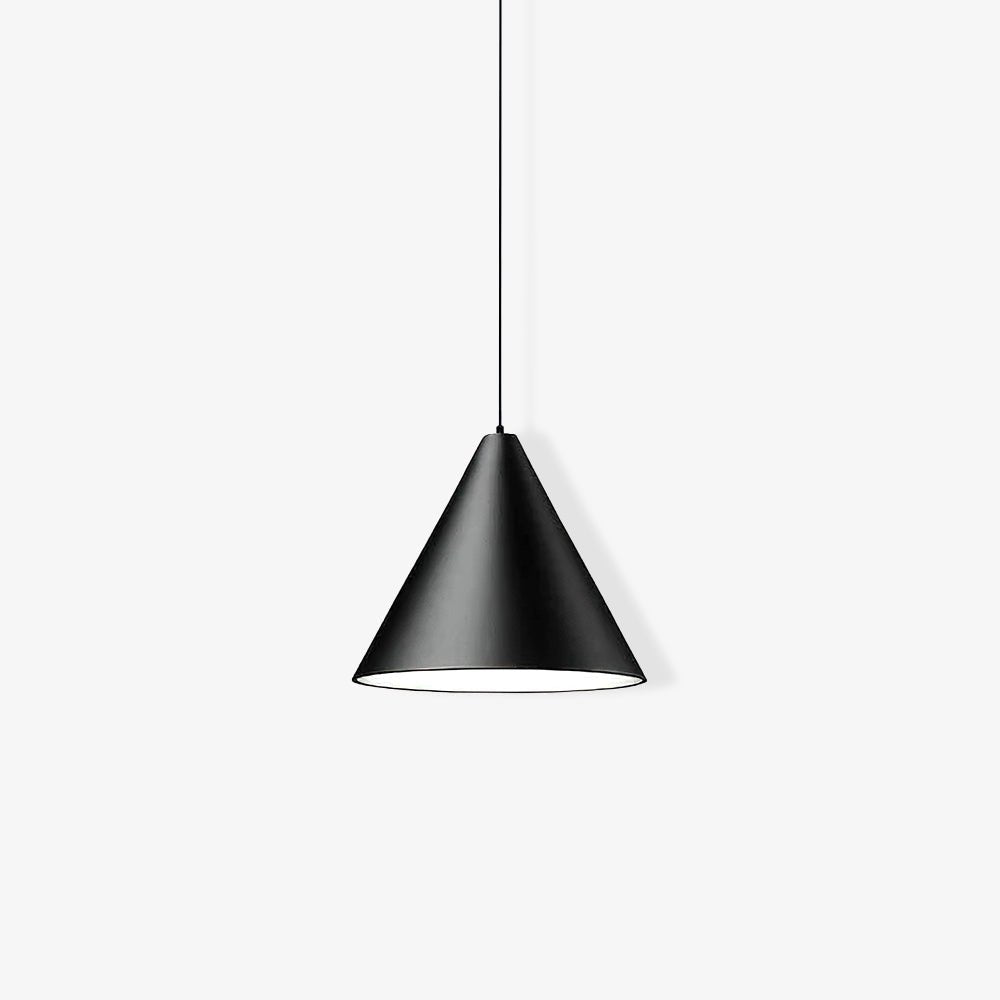 Angled view of a Clérachic black cone pendant on a light backdrop, showing the open base and the white inside of the shade.
