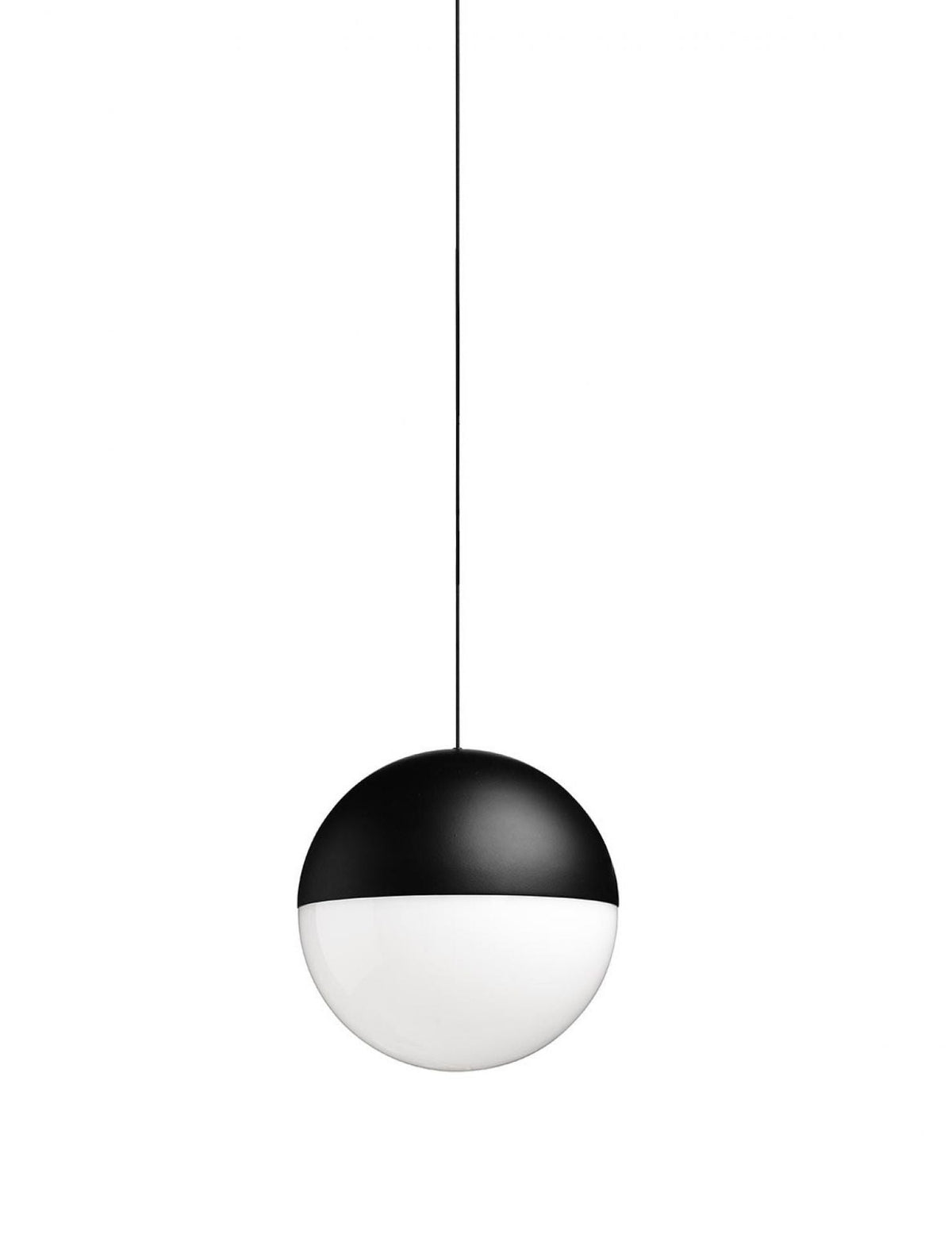 A Clérachic half black, half opal sphere pendant centred on a plain white backdrop, hung from one thin cable.