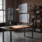 A Clérachic black arm lamp on a dark desk with papers, in an industrial office with brick walls and framed technical drawings.