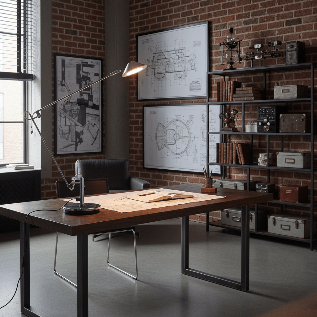 A Clérachic black arm lamp on a dark desk with papers, in an industrial office with brick walls and framed technical drawings.