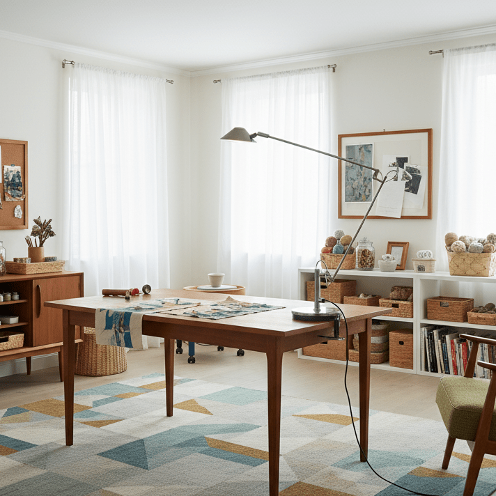 A Clérachic black arm lamp sits on a wooden worktable in a bright craft room with sheer curtains and a geometric rug.