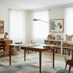 A Clérachic black arm lamp sits on a wooden worktable in a bright craft room with sheer curtains and a geometric rug.