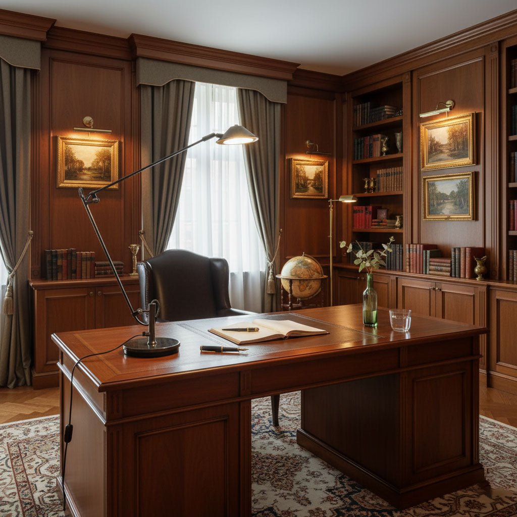 A Clérachic black arm lamp on a polished wooden desk in a panelled study, with framed landscapes and bookshelves behind.