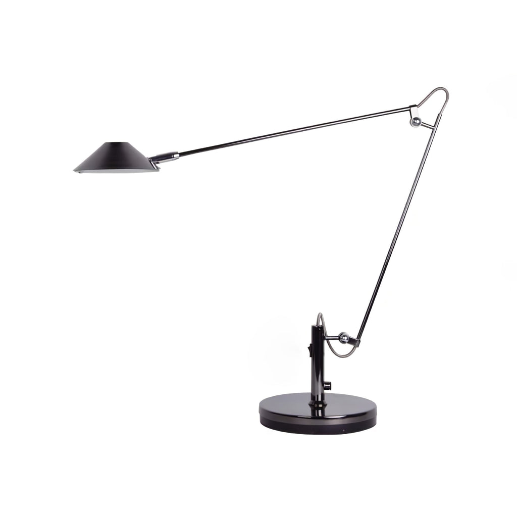 A Clérachic black arm lamp with its cone shade pointing left and a looped hinge on the right, on a white background.
