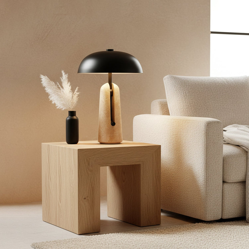 A black-domed Clérachic table lamp on a pale oak side table, with dried pampas grass in a black vase beside it.