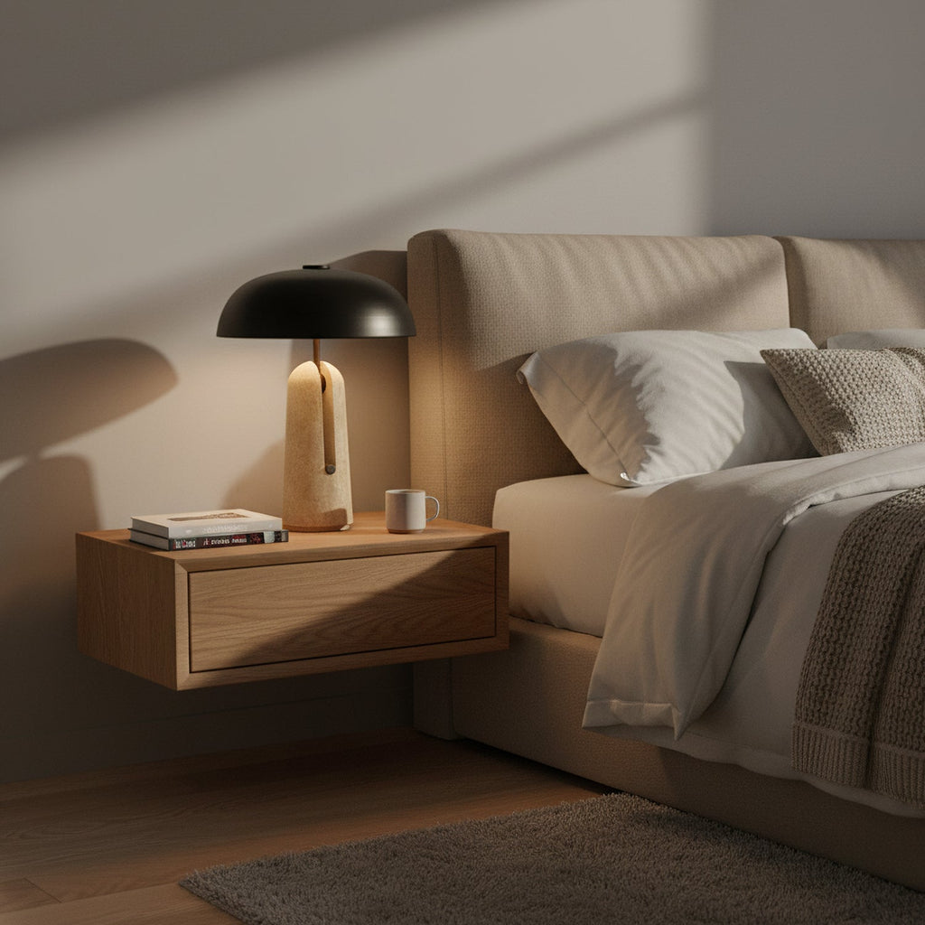 Beside a bed on a floating oak nightstand, this Clérachic table lamp stands next to a short stack of books and a mug.