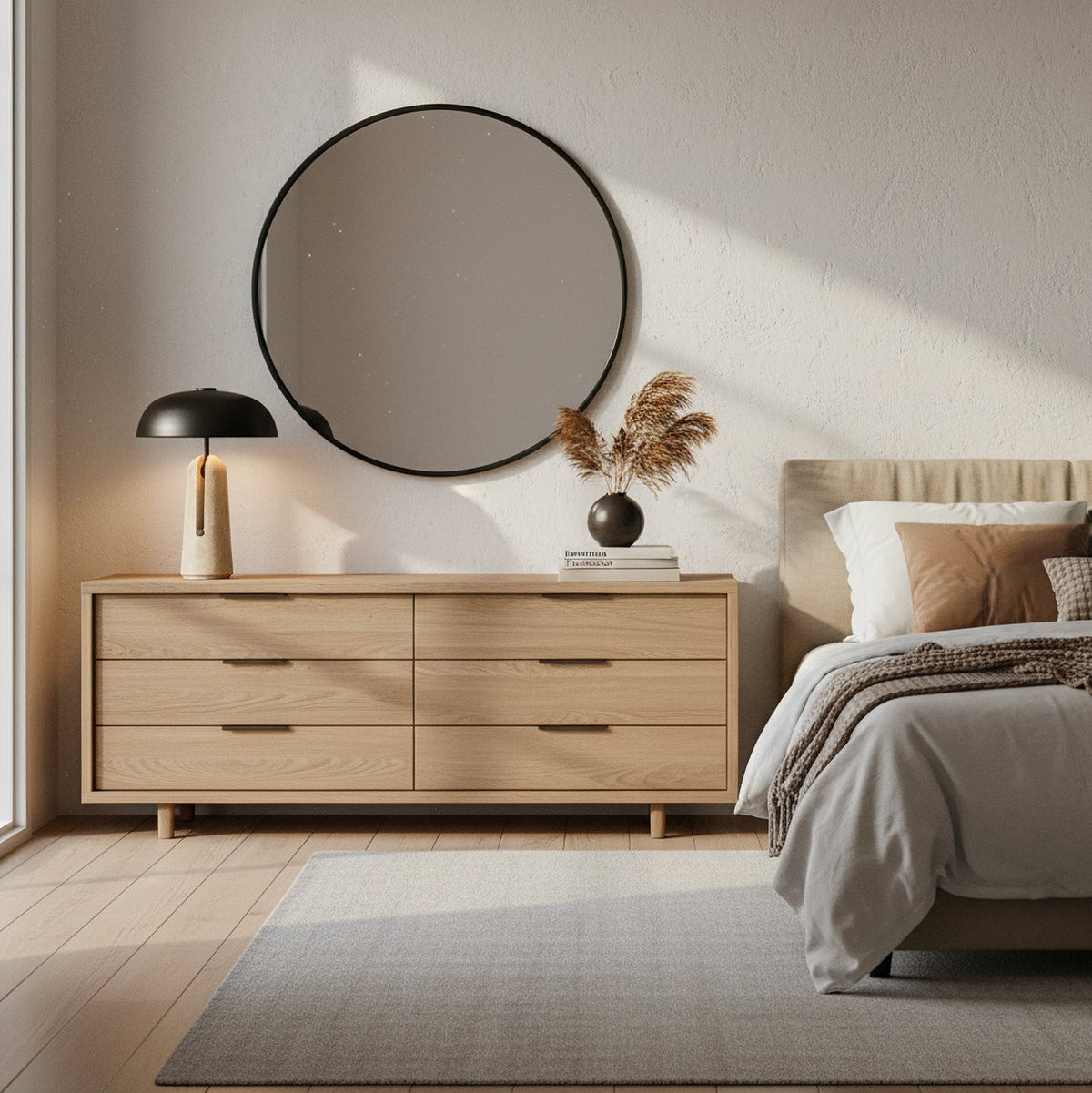 A Clérachic table lamp on a light oak chest of drawers under a round black-framed mirror, with a bed at the right.