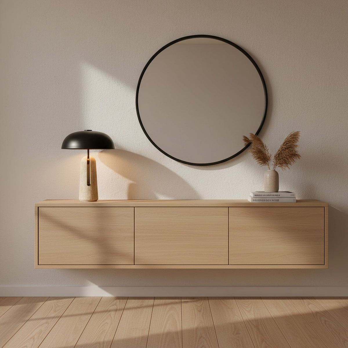 This Clérachic table lamp sits on a wall-hung oak cabinet under a thin round mirror, beside dried grasses in a small vase.
