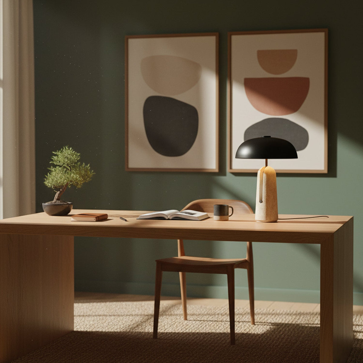 Against a sage-green wall and two abstract prints, this Clérachic table lamp lights an oak desk with a wooden chair.