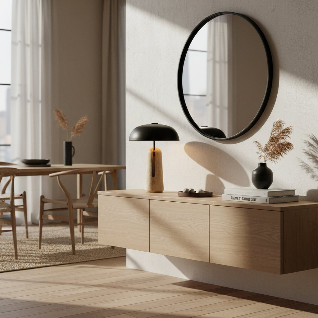 A Clérachic table lamp on a floating oak cabinet beneath an oval black mirror, with a dining table and sheer curtains behind.