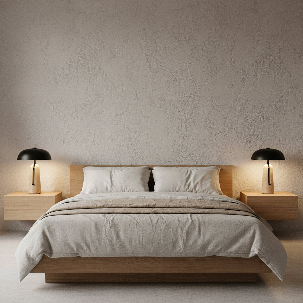 Two Clérachic table lamps glow on matching floating oak nightstands either side of a low oak bed with pale linen.