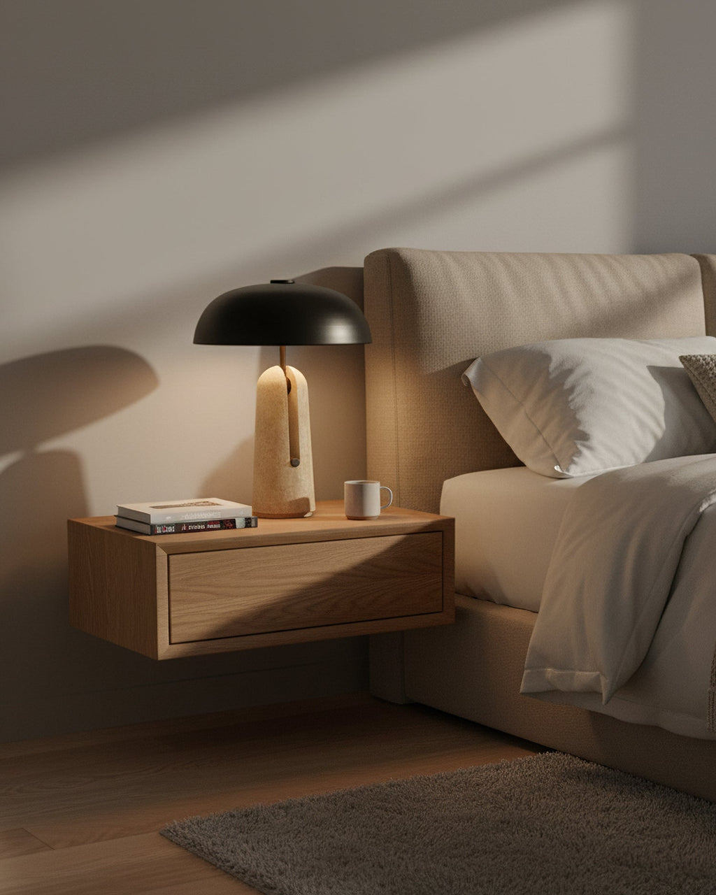 Closer to the bedside, a Clérachic table lamp on a wall-hung oak nightstand with a cream headboard and soft evening shadows.