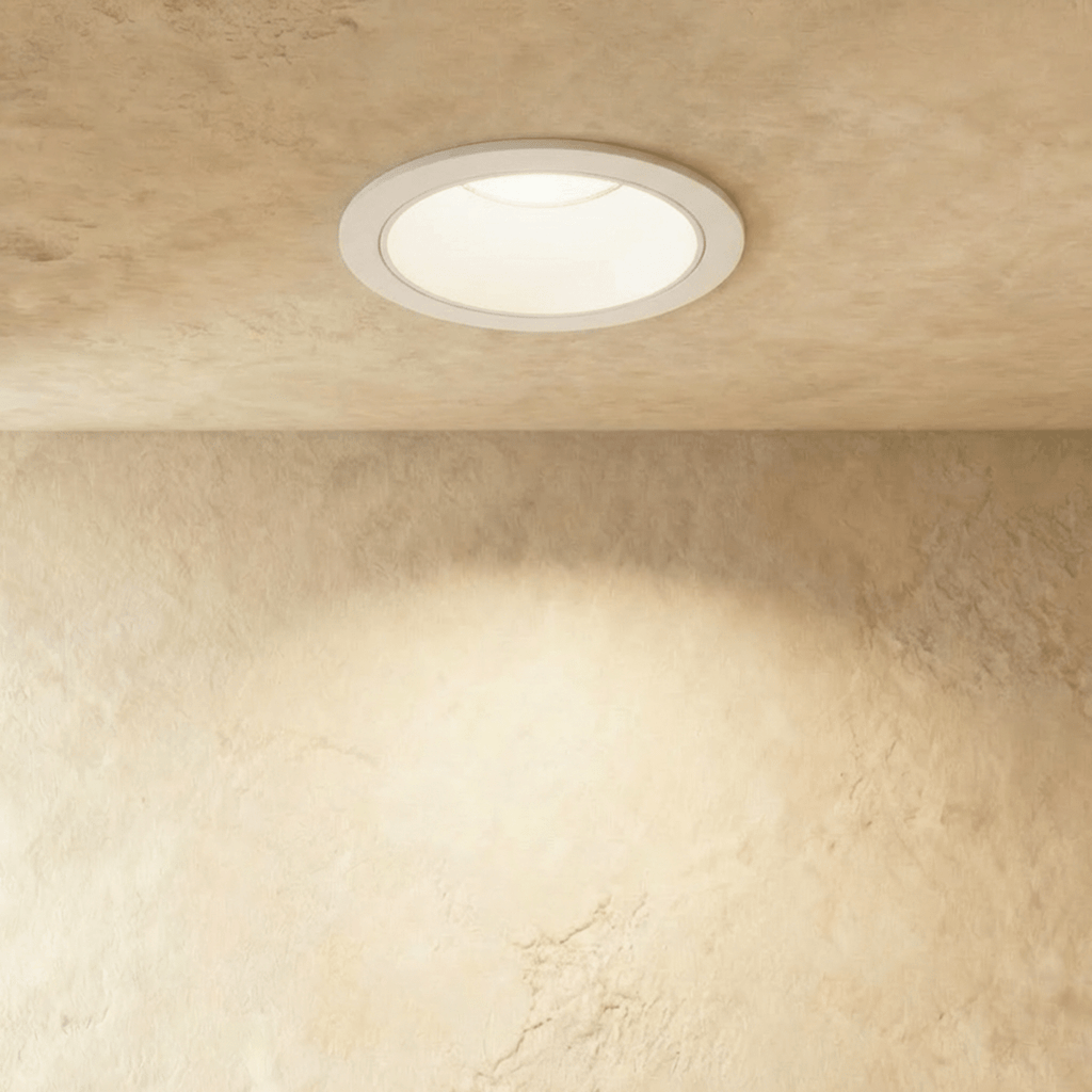 Close angle of the Clérachic white recessed downlight, its curved baffle glowing warm white against a plaster ceiling.