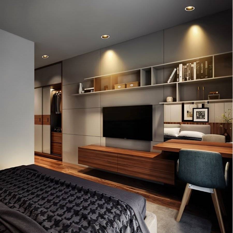 Three Clérachic recessed downlights glowing warm white above a bed and a framed painting in a grey bedroom.