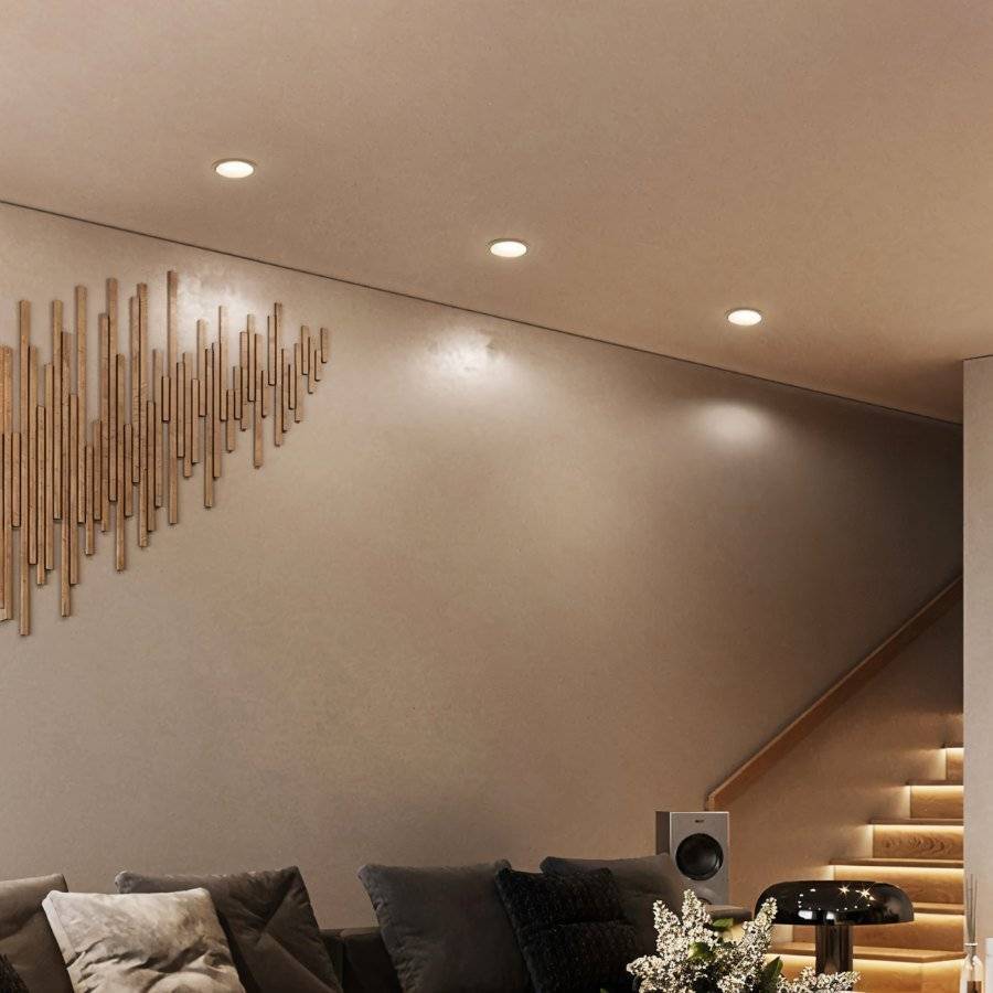 Clérachic recessed downlights glowing warm white along a hallway ceiling beside a wood wall sculpture and staircase.