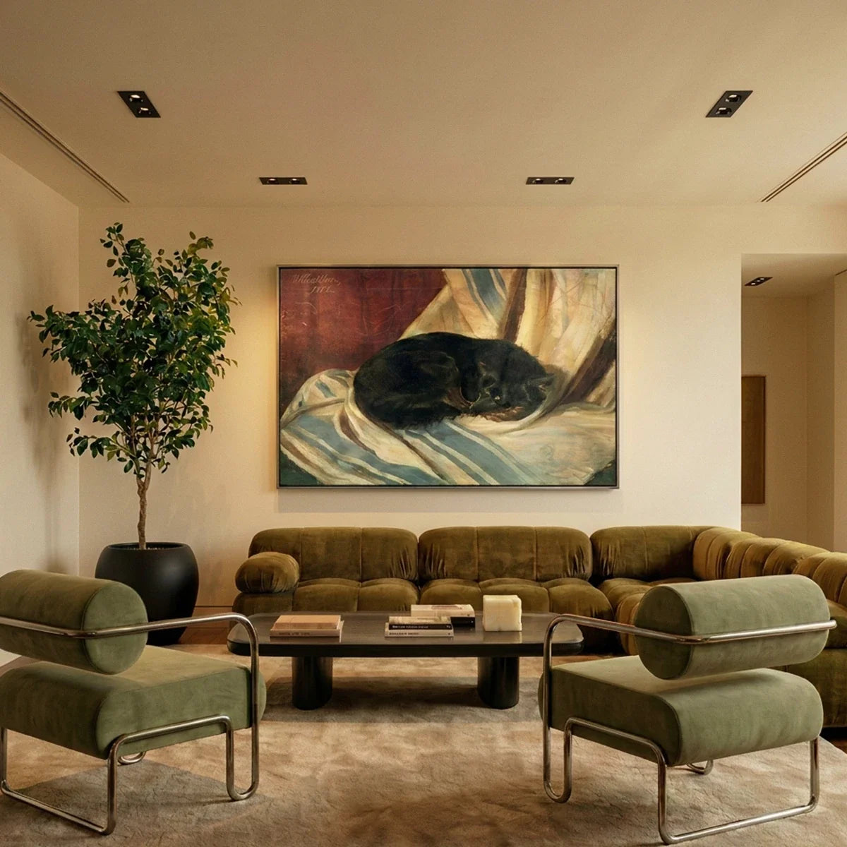 Several Clérachic black recessed downlights glowing warm white above an olive velvet sofa and a framed painting.