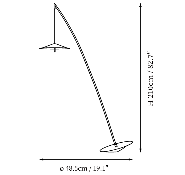 Clérachic floor lamp dimension drawing, every measurement marked in centimetres and inches.