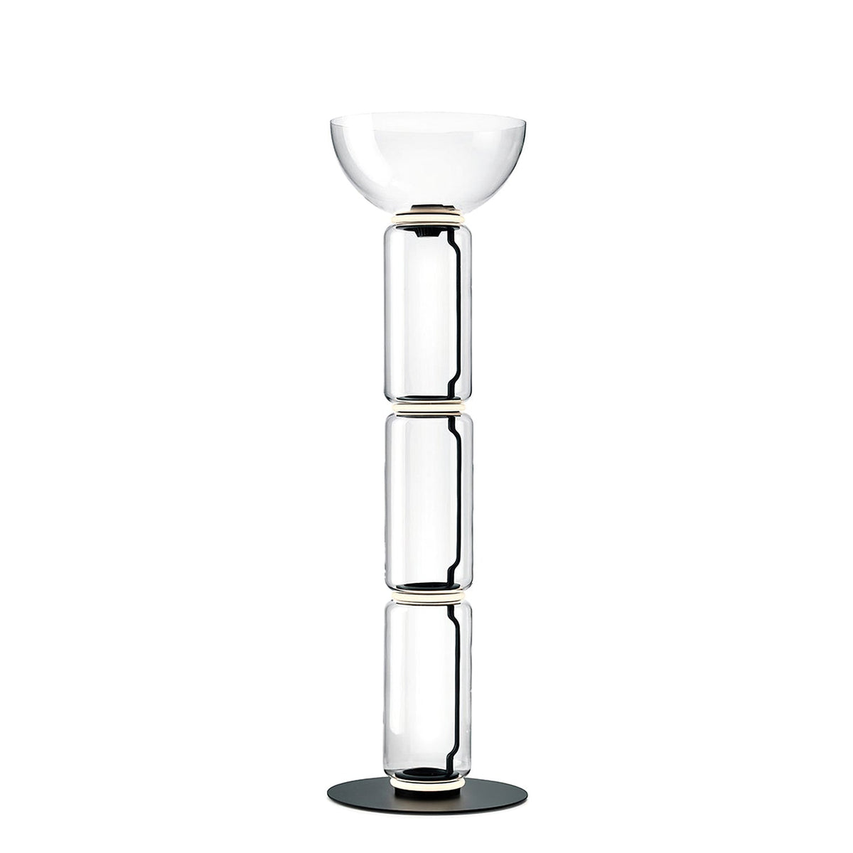 Clérachic floor lamp on white, three clear glass cylinders under a wide glass bowl, on a flat round black base.