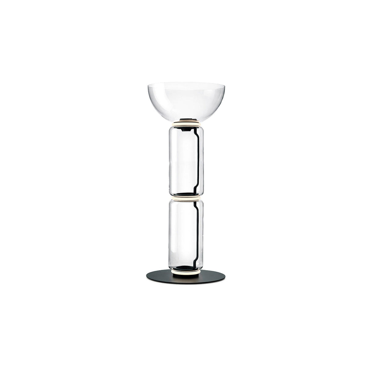 Clérachic floor lamp on a white backdrop, two glass cylinders under a wide glass bowl, on a round black base.
