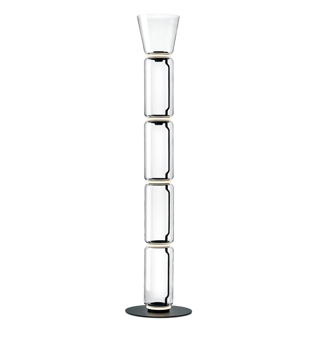 Tall Clérachic floor lamp on white, four glass cylinders under a narrow flared glass top, on a round black base.