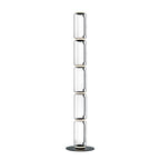 Very tall Clérachic floor lamp on white, five stacked clear glass cylinders with light rings and a round black base.