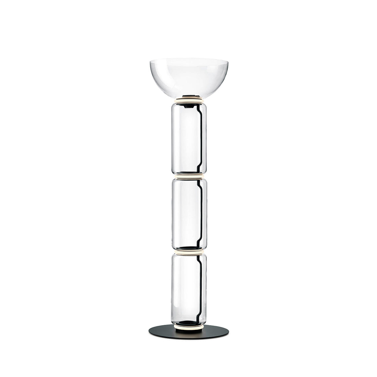 Clérachic floor lamp on white, three glass cylinders under a wide shallow glass bowl, on a round black base.